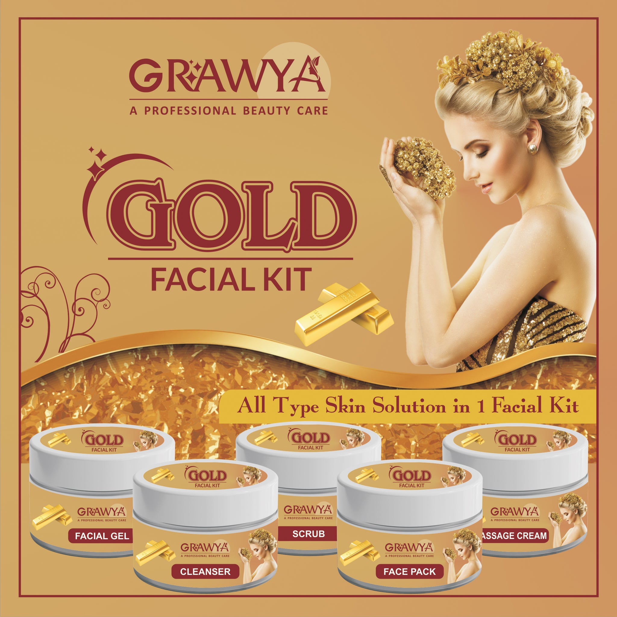 Grawya Professional Herbal Gold Facial Kit For Women Glowing skin ( Set of 5)  (275 g)