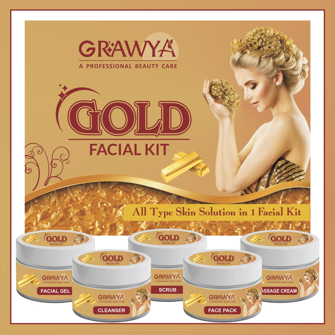 Grawya Professional Gold Facial Kit With 5 in 1 Face Massager for Facial (set of 5) 275 G