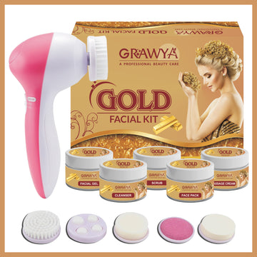 Grawya Professional Gold Facial Kit With 5 in 1 Face Massager for Facial (set of 5) 275 G